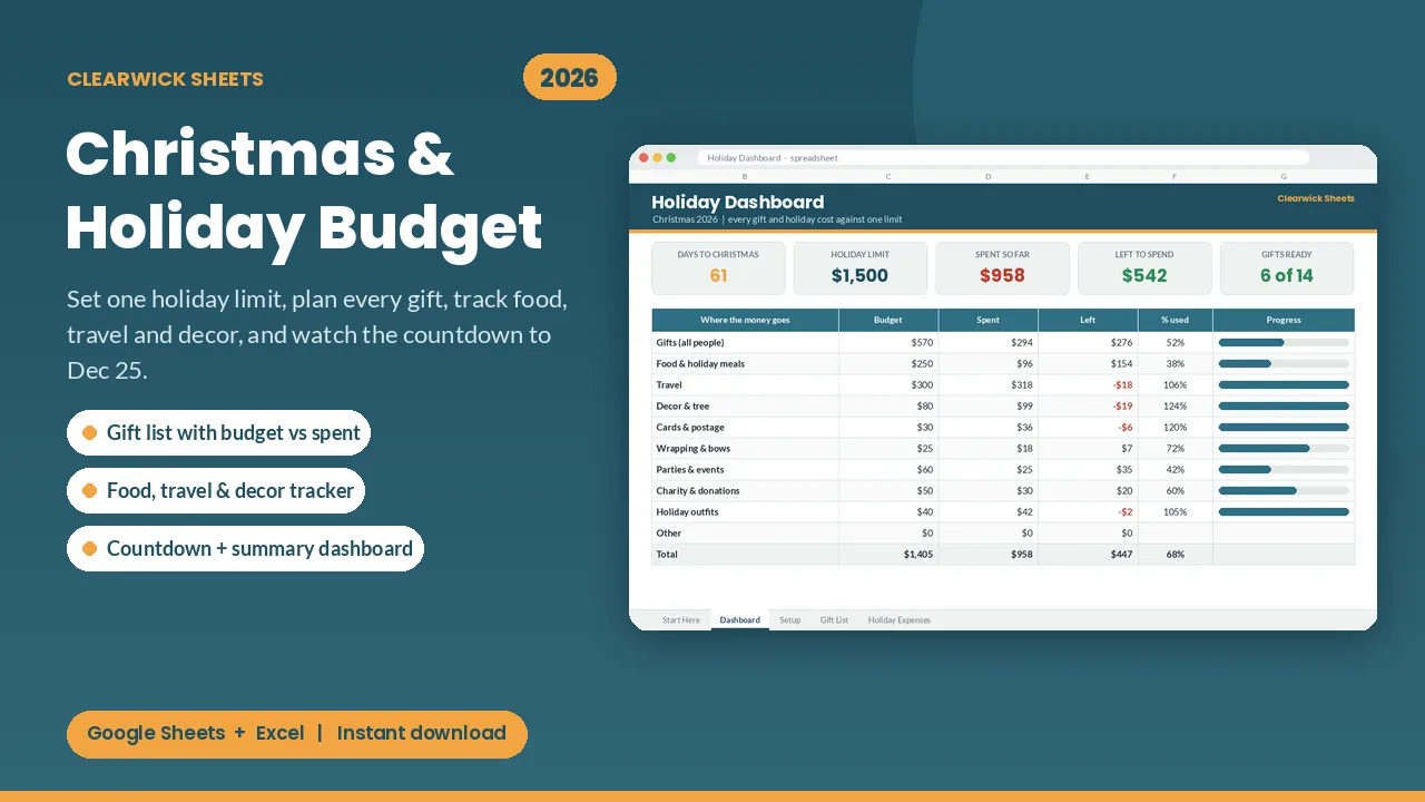 Christmas Gift Budget Planner 2026 spreadsheet preview: cover