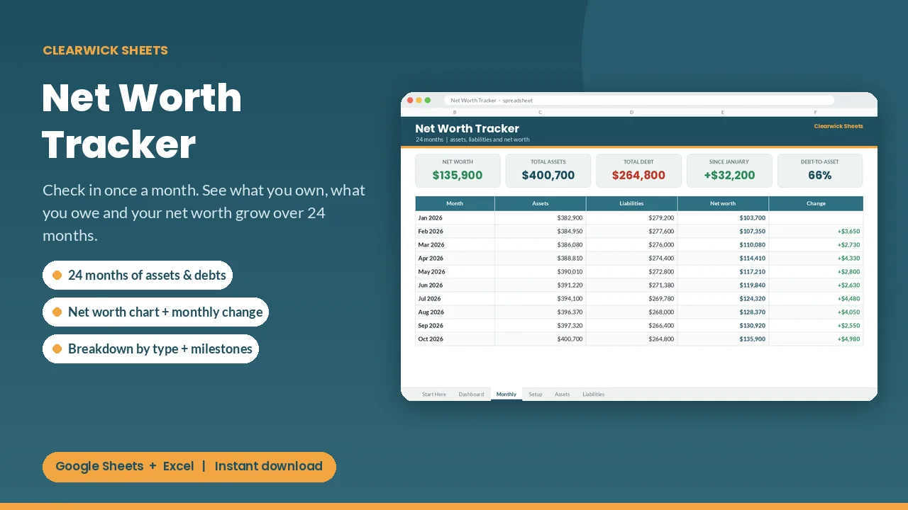 Net Worth Tracker spreadsheet preview: cover