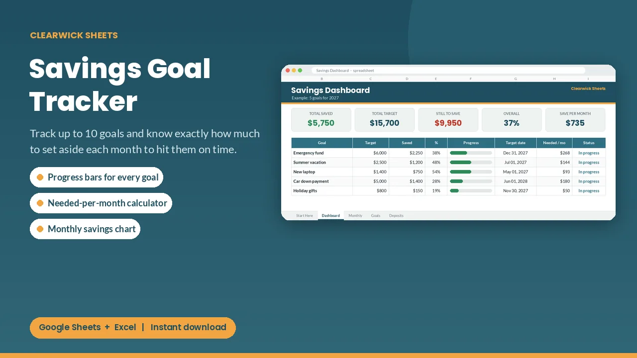 Savings Goal Tracker spreadsheet preview: cover